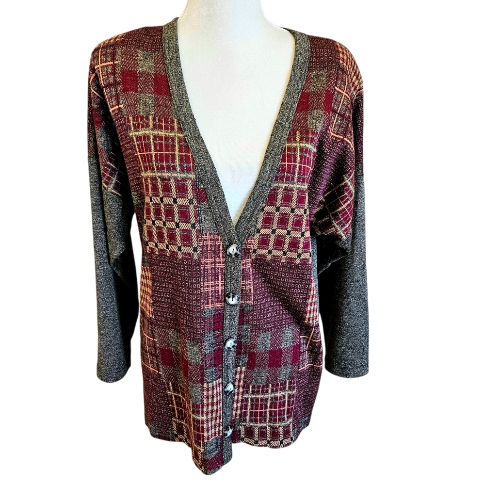 Land & Sea Vintage Knit Cardigan Dropped Shoulder Button Up Patchwork EUC